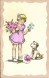 VINTAGE POSTCARD Fantasy Flowers Child Dog