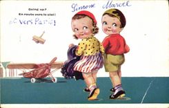 VINTAGE POSTCARD Fantasy Children Plane Towards Paris