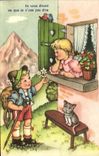 VINTAGE POSTCARD Fantasy Children Alpinism Cat