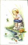 VINTAGE POSTCARD Fantaisie Children Fishes Each one his Grenouille tower