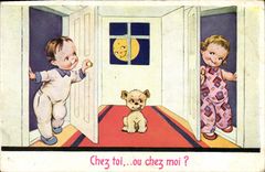 VINTAGE POSTCARD Fantasy Children At home Dog