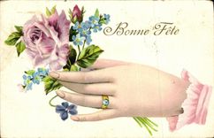 CPA Fantaisie Femme Main Fleurs