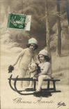 VINTAGE POSTCARD Fantasy Children Happy New Year Toboggan Pig