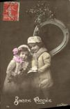 VINTAGE POSTCARD Fantaisie Children Horseshoe Happy New Year