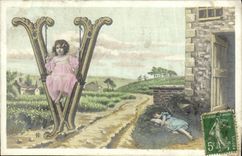 VINTAGE POSTCARD Fantasy Child Letter V
