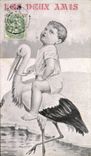VINTAGE POSTCARD Fantasy Child the two friends Stork