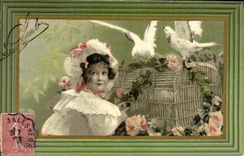 VINTAGE POSTCARD Fantasy Child Bird Cage Doves