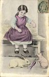 VINTAGE POSTCARD Fantasy Child Rabbits rabbit Carrot