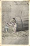 VINTAGE POSTCARD Fantasy Child in a barrel