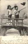 VINTAGE POSTCARD Fantaisie Children Fishes Shoe