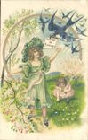 VINTAGE POSTCARD Fantasy Children Swallows