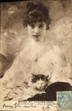 CPA Fantaisie Femme Musee du Luxembourg Charles chaplain Etude de jeune fille Chat