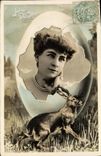 CPA Fantaisie Femme Joyeuses Paques lapin