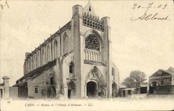 VINTAGE POSTCARD Caen Ruins of L Abbey D Ardenne in front of large interesting machine