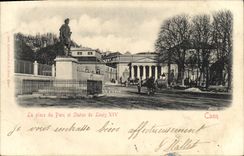 VINTAGE POSTCARD Caen the place of the park and statue of Louis XIV