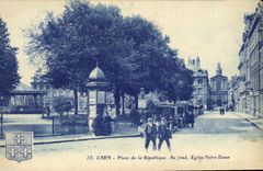 VINTAGE POSTCARD Caen the Place of the Republic At the Bottom Church Notre Dame Taxis