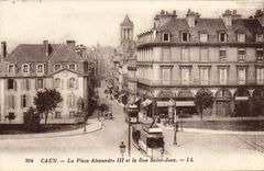 VINTAGE POSTCARD Caen Places Alexandre III and the Street Saint Jean Tramway