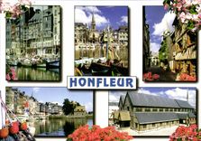 CPM Honfleur Le vieux bassin et les facades typiques du quai Sainte Catherine La plage et l eglise Sainte Catherine