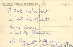 VINTAGE POSTCARD Lion sur Mer Train station and the train of Caen to the sea