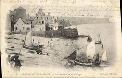 POSTAL Arromanches de la VENDIMIA les Bains el asimiento grande y el barco de la playa