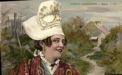 Casquillos del traje del folklore del peinado de Bayeux Normands de la POSTAL de la VENDIMIA