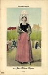 El traje del folklore de la chica joven de Bayeux de la POSTAL de la VENDIMIA capsula 1827