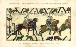 La POSTAL Bayeux Tapisserie de la VENDIMIA de la reina Matilde Harold se esta moviendo
