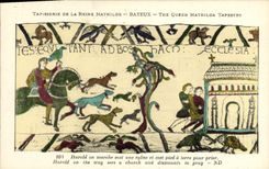 La POSTAL Bayeux Tapisserie de la VENDIMIA de la mudanza de la reina Matilde Harold ve una iglesia