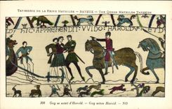 La POSTAL Bayeux Tapisserie de la VENDIMIA del individuo de la reina Matilde agarra D Harold