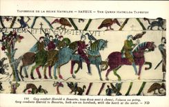 La POSTAL Bayeux Tapisserie de la VENDIMIA de los plomos Harold del individuo de la reina Matilde tiene Beaurin Faucon