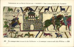 La POSTAL Bayeux Tapisserie de la VENDIMIA de la reina de Matilde un mensajero viene encontrar al duque Guillermo
