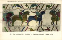 La POSTAL Bayeux Tapisserie de la VENDIMIA de la reina Matilde que el individuo trae a Harold tiene Guillermo