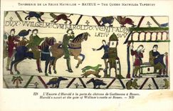 La POSTAL Bayeux Tapisserie de la VENDIMIA de la reina Matilde L acompanamientos D Harold con la puerta del castillo de Guillermo tiene Ruan