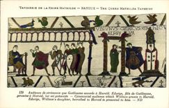 La POSTAL Bayeux Tapisserie de la VENDIMIA de la ceremonia de la audiencia de la reina Matilde que Guillermo concede tiene Harold