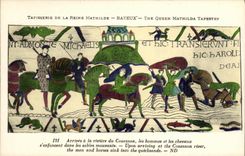 La POSTAL Bayeux Tapisserie de la VENDIMIA de la reina de Matilde llega el rio de Couesnon