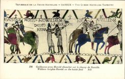 La POSTAL Bayeux Tapisserie de la VENDIMIA de la reina Matilde Guillermo arma a caballero de Harold en el campo de batalla