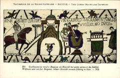 La POSTAL Bayeux Tapisserie de la VENDIMIA de la reina Matilde que va Guillermo tiene Bayeux