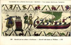 La POSTAL Bayeux Tapisserie de la VENDIMIA de la reina Matilde que Harold hace una oferta su adios tiene Guillermo