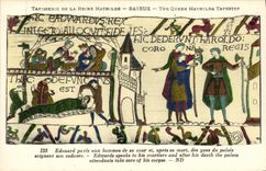 Tapiceria de Bayeux de la POSTAL de la VENDIMIA de la reina Matilde que corona D Harold