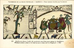 La POSTAL Bayeux Tapisserie de la VENDIMIA de la reina Matilde Guillermo da L orden para construir una flota para pasar a Inglaterra