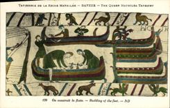 La POSTAL Bayeux Tapisserie de la VENDIMIA de la reina Matilde una construye la flota de los barcos