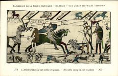 La POSTAL Bayeux Tapisserie de la VENDIMIA de la reina Matilde L D armada Harold es taillee en piezas