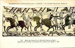 CPA Bayeux Tapisserie De La Reine Mathilde Mort des freres du roi Harold Lewine et Gyrd