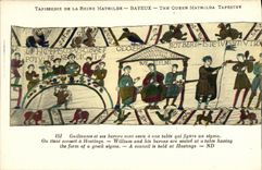 Tapiceria de Bayeux de la POSTAL de la VENDIMIA de la reina Matilde Guillermo y sus barones