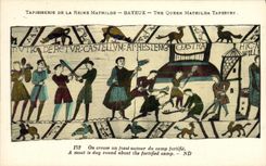 La POSTAL Bayeux Tapisserie de la VENDIMIA de la reina Matilde una cava un hoyo alrededor del campo consolida