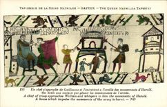 La POSTAL Bayeux Tapisserie de la VENDIMIA de la reina de Matilde un jefe S se acerca a Guillermo