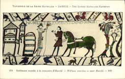 La POSTAL Bayeux Tapisserie de la VENDIMIA de la reina Matilde Guillermo va a la reunion D Harold