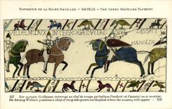 La POSTAL Bayeux Tapisserie de la VENDIMIA de la reina Matilde Guillermo pregunta a jefe de la tropa