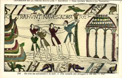 La POSTAL Bayeux Tapisserie de la VENDIMIA de la reina Matilde una dibuja los recipientes con el mar