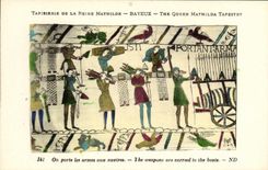 La POSTAL Bayeux Tapisserie de la VENDIMIA de la reina Matilde una lleva las armas a las naves